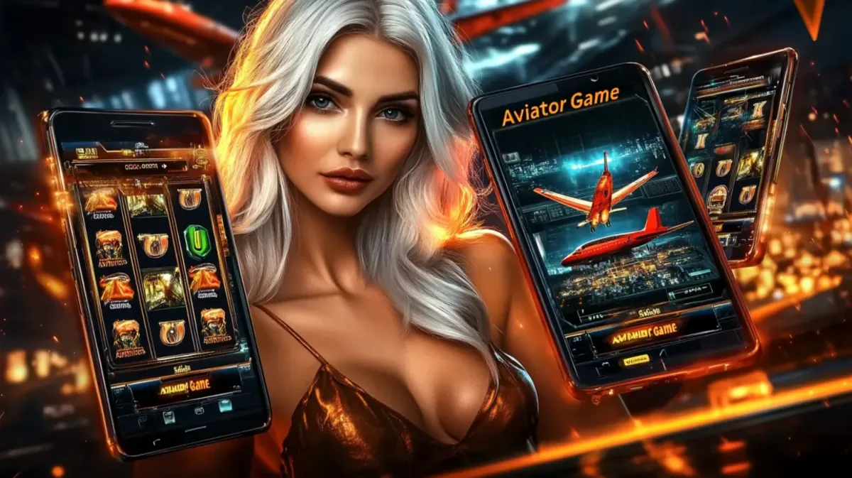 cb444-এ Aviator গেমের প্রচারণায় একটি সুন্দর সোনালি চুলের নারীকে দেখা যায়, যার চারদিকে একাধিক স্মার্টফোনে খেলার উত্তেজনাপূর্ণ ইন্টারফেসটি প্রদর্শিত হচ্ছে।