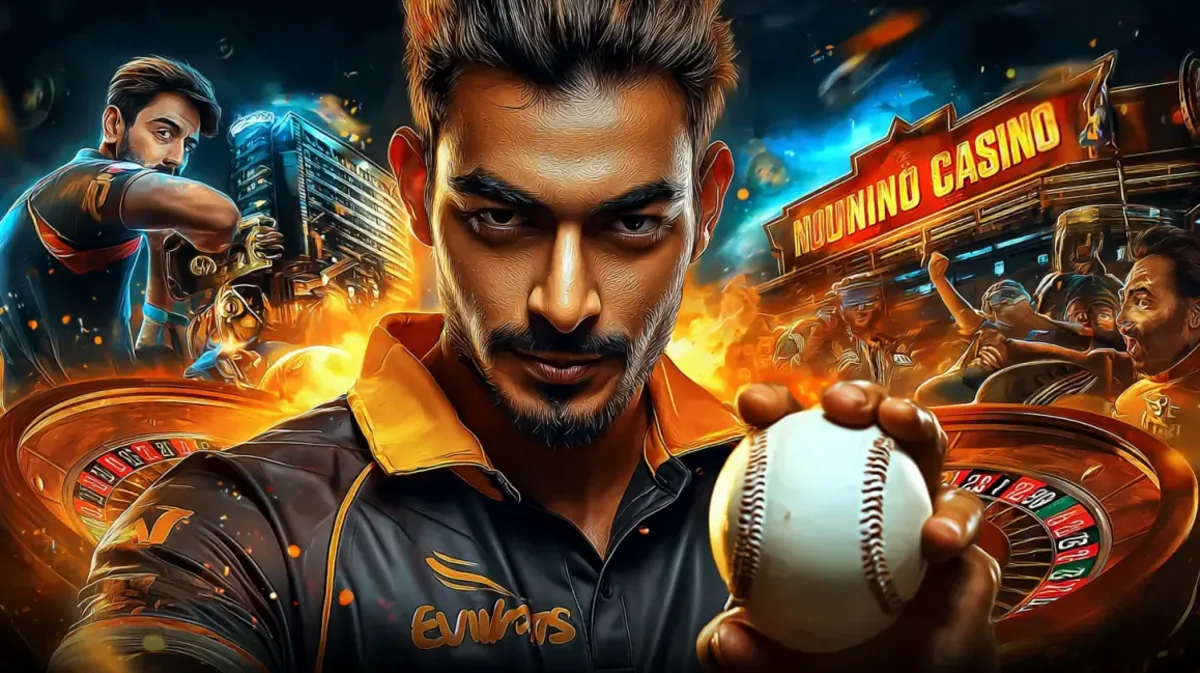 একজন তীব্র ক্রিকেট খেলোয়াড় একটি ক্রিকেট বল ধরেছেন, একটি সমন্বিত ছবিতে খেলার স্টেডিয়াম ও cb444 গেমিং প্ল্যাটফর্মটির উজ্জ্বল নিওন-আলোর আবহ একসঙ্গে মিলে গেছে。