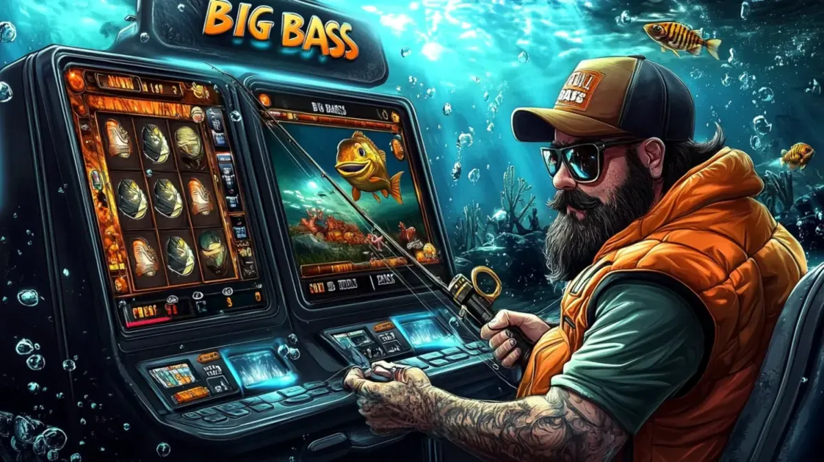 cb444-এ সানগ্লাস পরা দাড়িওয়ালা এক জেলে Big Bass গেমটি খেলছেন। মেশিনটির স্ক্রিনে জলের নীচের পরিবেশে মাছ ধরার থিমটি দৃশ্যমান।