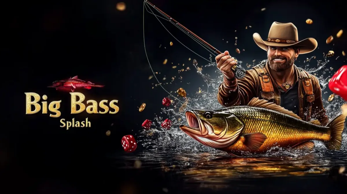cb444-এ উপলব্ধ Big Bass Splash গেমটির এই প্রচারণায় কাউবয় হ্যাট পরা এক সুখী জেলে বড় একটি bass মাছ টেনে ধরছেন।