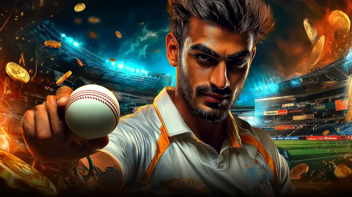 cb444-এ ক্রিকেট-গেমিংয়ের উত্তেজনা প্রচারের জন্য একজন মনোযোগী ও তীব্র দৃষ্টির পুরুষ ক্রিকেটার ভিড়ভরা স্টেডিয়ামে क्रिकेट বল উঁচু করে ধরে আছেন। সোনালি মুদ্রা ও আগুন-প্রভাব নাটকীয়তা আরও বাড়িয়ে তোলে।